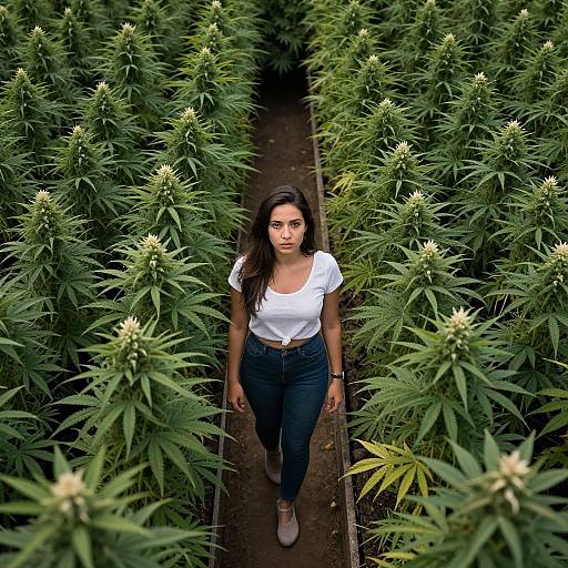 Photograph of a young woman with long dark hair, wearing a white tied-up shirt, blue jeans, and beige shoes, walking down a narrow path
