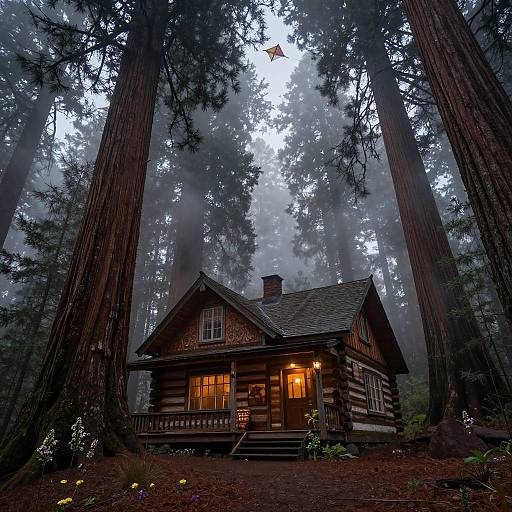Log Cabin Amid Towering Redwoods