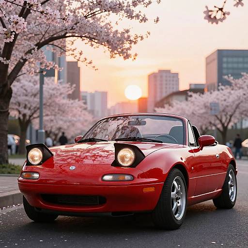 Photograph of a shiny red convertible sports car with headlights on, parked under blooming cherry blossom trees at sunset, with city buildings in the background.
