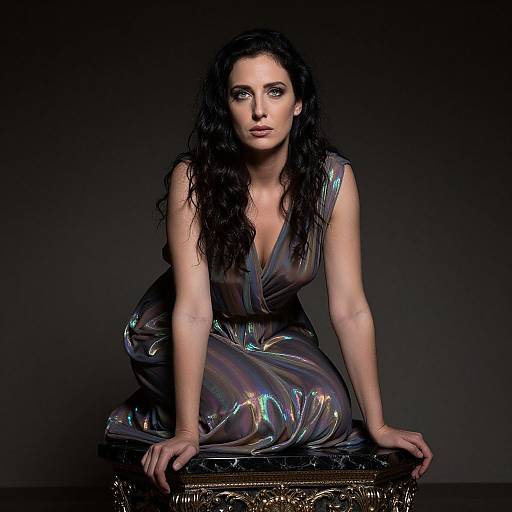 Photograph of a pale-skinned woman with long, wet, dark hair, wearing a shimmering, dark grey, deep V-neck dress, kneeling