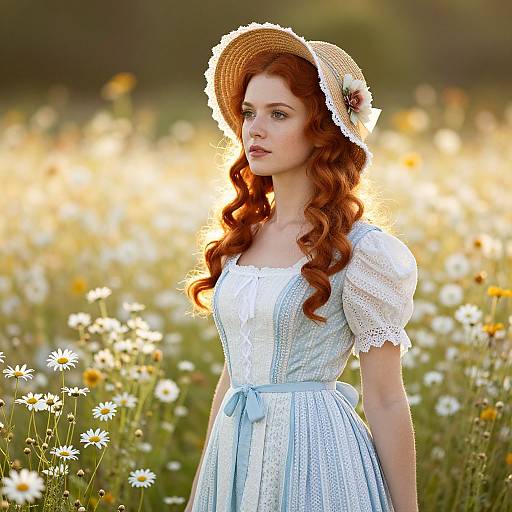 Photograph of a red-haired woman in a white lace dress and straw hat, standing in a sunlit daisy field.