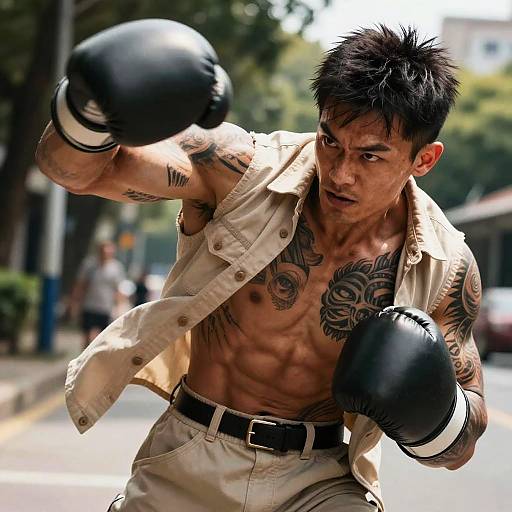 Photograph of a muscular, tattooed Asian man with black spiky hair, wearing an open beige shirt and black boxing gloves, throwing a punch on