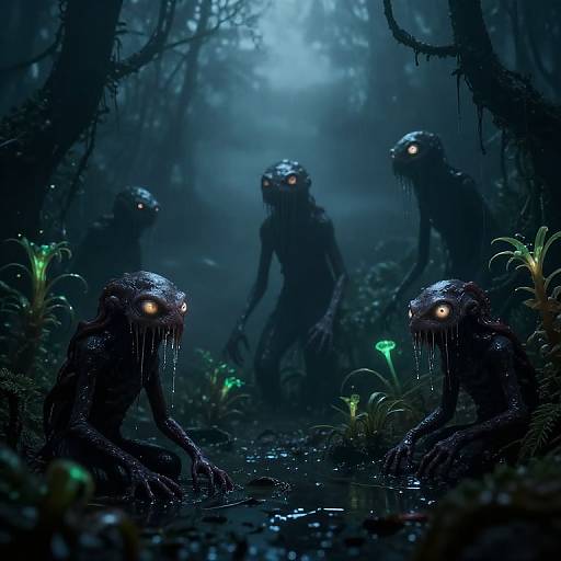 Digital artwork of eerie, dark, slime-covered creatures with glowing orange eyes lurking in a misty, blue-lit forest, surrounded by glowing plants.