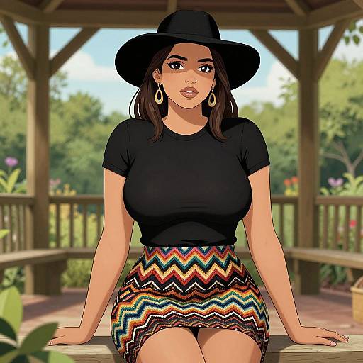 Digital anime-style drawing of a curvy woman with large breasts, wearing a black hat, black top, and colorful zigzag skirt, sitting on a