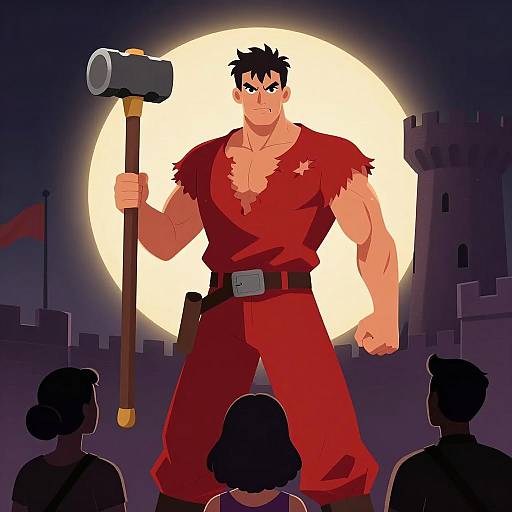 Muscular Hero with Hammer in Front of Castle