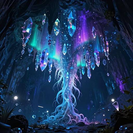 Digital art: Bioluminescent crystal tree with vibrant blue and purple crystals, glowing roots, and floating orbs in a dark cave.