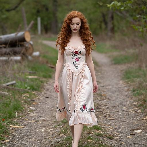 Photograph of a red-haired woman with long curls, wearing a white floral dress, walking down a forest path with logs in the background.