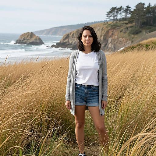 Photograph of a young woman with medium brown skin and dark wavy hair, wearing a white tee, denim shorts, and gray cardigan, standing