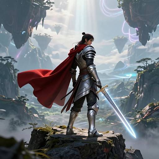 Digital art of a knight with a red cape, standing on a rock, holding a glowing sword in a mystical, mountainous landscape.