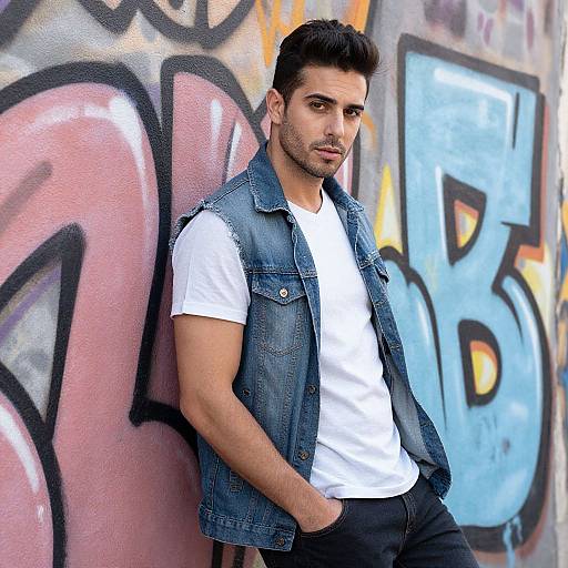 Photograph of a muscular, dark-haired man with stubble, wearing a white t-shirt and denim vest, leaning against a graffiti-covered wall.