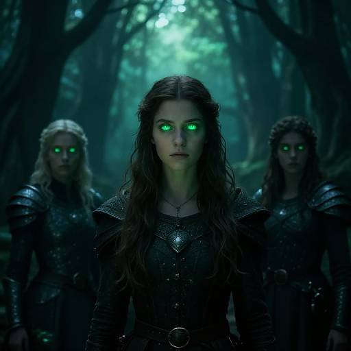 Digital artwork of three women in dark, glowing green eyes, medieval armor, standing in a dimly lit forest; central woman with long brown hair,