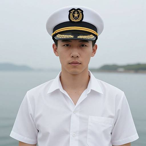 Photograph of a young Asian male in a white naval officer's uniform and hat, standing in front of a blurred sea background.