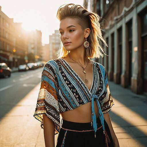 Fashion Model with Side Shave Hairstyle in Bohemian Chic Outfit