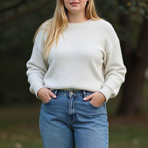 Photograph of a blonde woman in a white knit sweater and blue jeans, hands in pockets, standing outdoors with a blurred forest background.