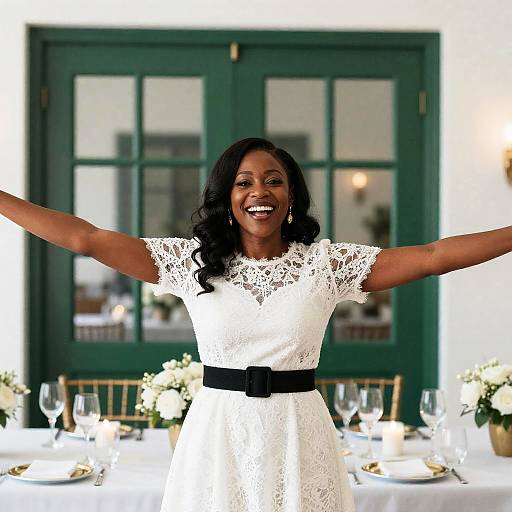Joyful African American Woman in White Lace Dress