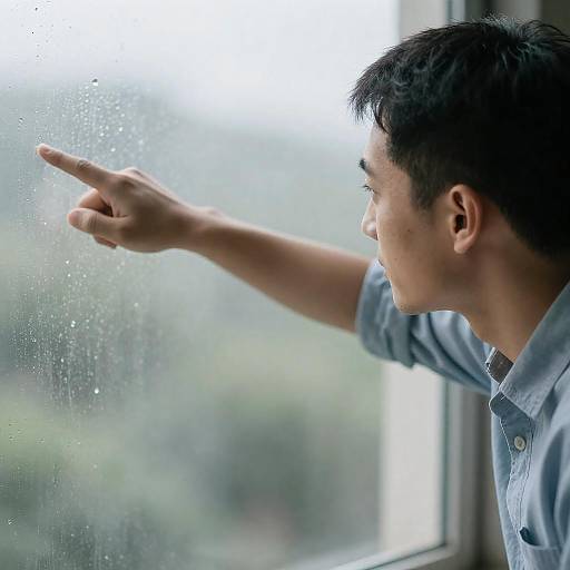 Man Pointing Through Rainy Window