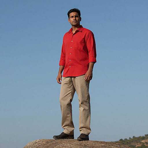 Man in Red Shirt on Rock