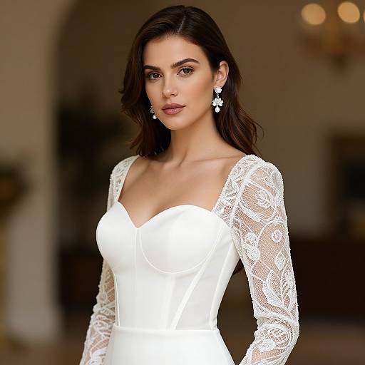 Photograph of a beautiful woman with dark brown hair in a white lace wedding dress with long sleeves, wearing white earrings, standing indoors with a blurred,