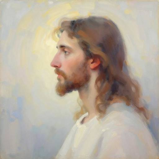Digital painting of a side profile of a bearded man with long brown hair, wearing a white shirt, against a soft, glowing background.