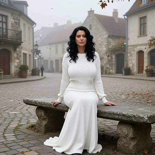 Photograph of a dark-haired woman in a white, long-sleeved, ribbed dress sitting on a stone bench in a misty, cob