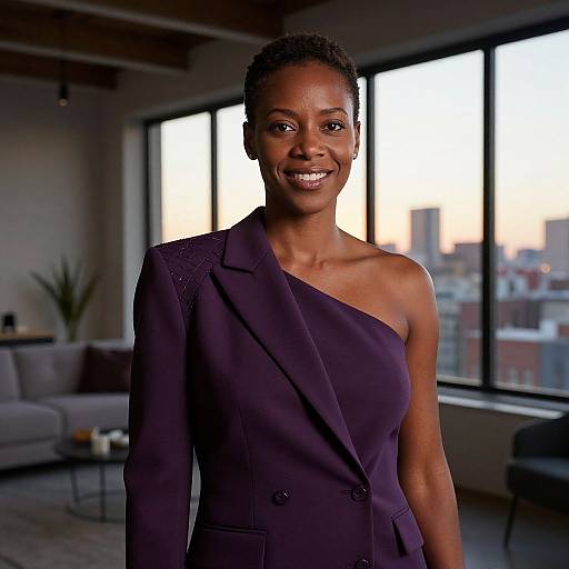 Photograph of a smiling Black woman with short curly hair, wearing a one-shoulder dark purple suit, standing in a modern, sunlit apartment