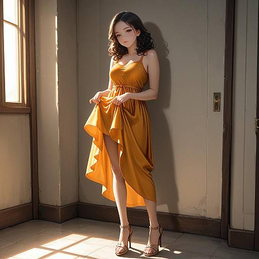 Woman in Orange Dress Standing Indoors