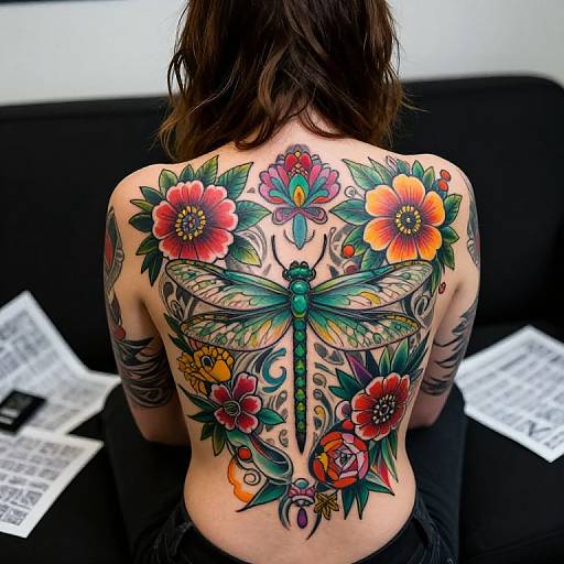 Photograph of a tattooed person from behind, showcasing vibrant dragonfly and flower tattoo on their back, with colorful petals and green leaves, seated on