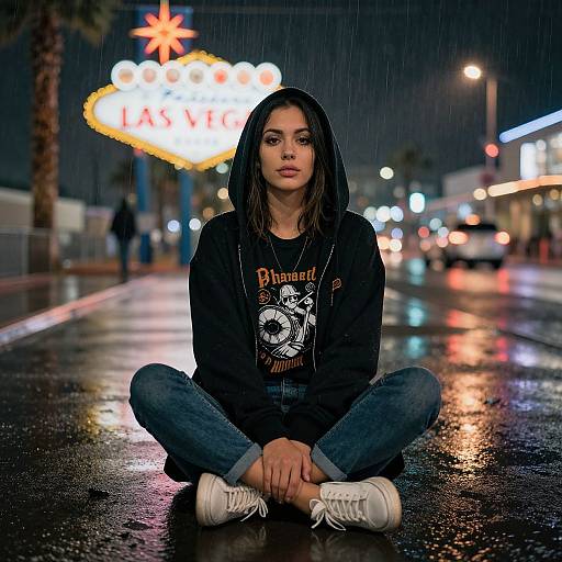 Photograph of a young woman with dark hair, hood up, sitting cross-legged on a wet, rain-soaked street at night, wearing a black