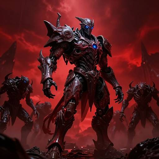Digital art of a menacing, glowing-blue-eyed, armored warrior with sharp spikes and dark metal armor, surrounded by shadowy figures in a fiery red,