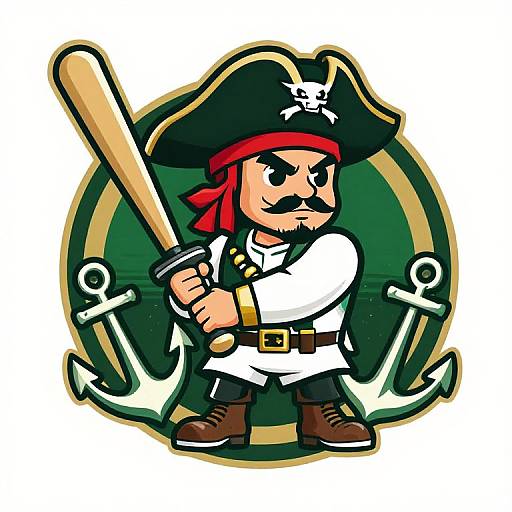 Cartoon pirate with black tricorn, red bandana, white shirt, brown pants, holding wooden sword, standing before green anchor emblem.