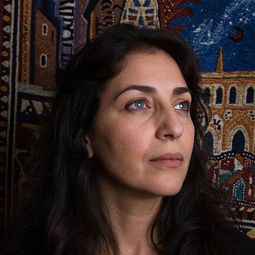 Photograph of a woman with long dark hair, blue eyes, and fair skin, gazing thoughtfully at the camera, against a colorful, pattern