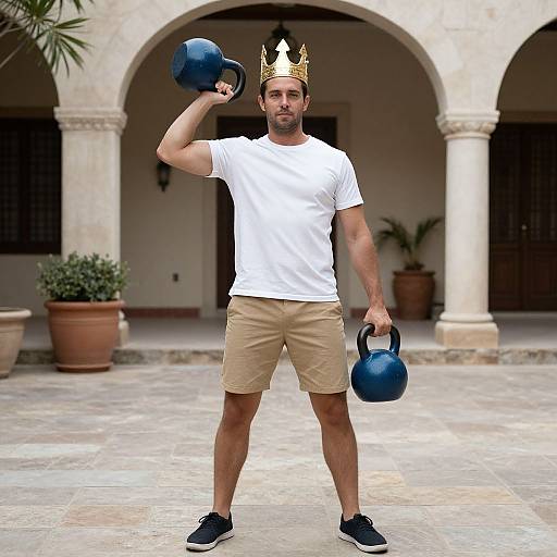 Man Wearing Kettlebell Costume and Crown