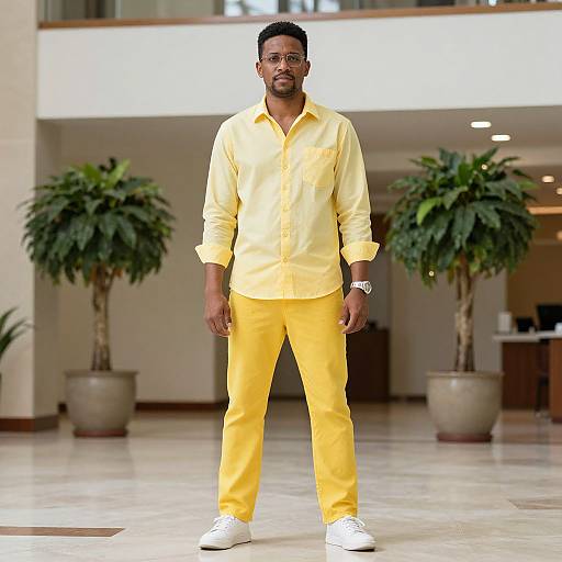 Photograph of a tall, Black man with short hair, wearing a yellow shirt and pants, white shoes, standing in a modern lobby with potted