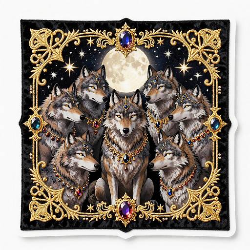 Digital artwork of six wolves with intricate gold jewelry, adorned with blue and red gems, surrounded by ornate frames, under a full moon in a star