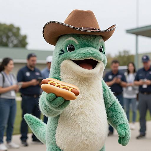 Photograph of a green, white-furred, cartoonish lizard mascot in a brown cowboy hat holding a hot dog, standing outdoors with blurred people in
