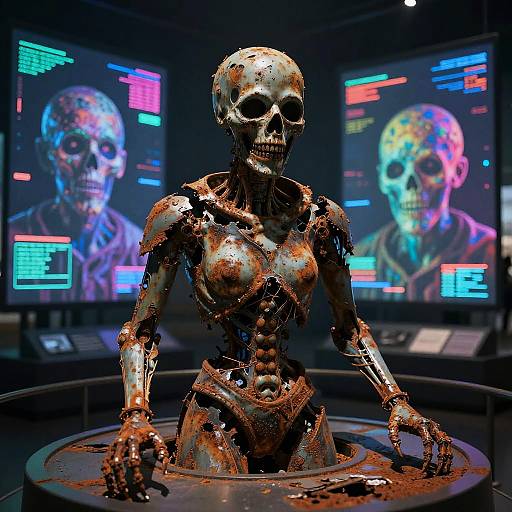 Digital CGI image of a metallic, skeletal, female robot with exposed muscles and wires, surrounded by glowing, colorful screens displaying robotic faces.
