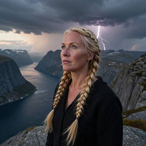 Photograph of a blonde woman with braided hair, wearing a black cloak, standing on a rocky cliff with a stormy sky and lightning over a
