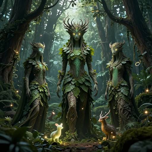 Digital fantasy artwork of three green, leaf-covered, horned forest creatures with glowing eyes, standing in a dark, enchanted forest, surrounded by small,