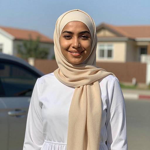 Photograph of a smiling young woman with medium brown skin, wearing a beige hijab and white long-sleeve shirt, standing in front of suburban