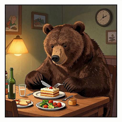 Illustration of a large brown bear sitting at a dinner table, eating cake, salad, and fruit, with a lit lamp, clock, and framed