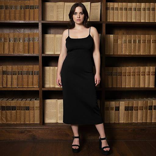 Photograph of a dark-haired woman in a black sleeveless dress and black sandals, standing in front of a wooden bookshelf filled with old, brown