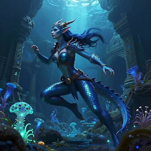 Blue Dragonborn Adventurer Underwater