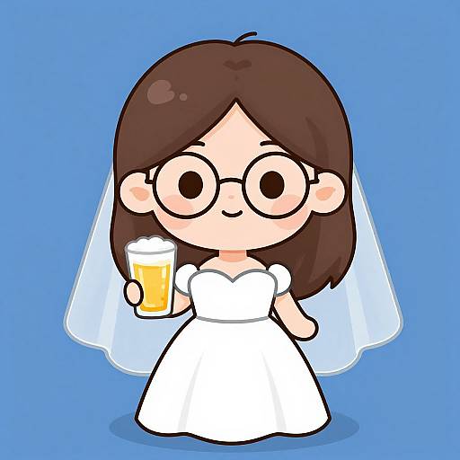 Cartoon bride with brown hair, round glasses, white dress, and veil holds a frothy beer mug against a blue background.