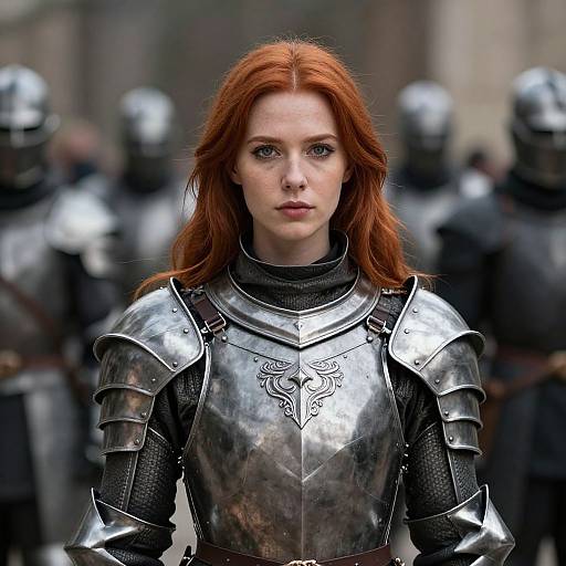 Photograph of a red-haired woman with fair skin in shiny medieval silver armor, standing confidently amidst a blurred group of armored soldiers.