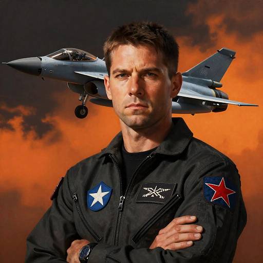 Serious Man in Flight Suit Under Stormy Sky