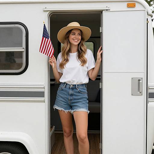 Patriotic Woman Traveling with Flag