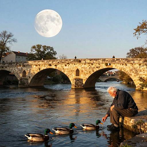Photograph of elderly man with white hair feeding ducks near ancient stone bridge, full moon in clear blue sky above.