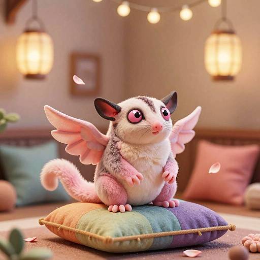 Cute CGI cartoon creature with pink wings, large pink eyes, and white fur sits on colorful pillow in warmly lit room.