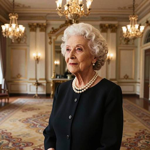 Photograph of elderly Queen Elizabeth II in black dress with pearl necklace, standing in ornate, chandelier-lit ballroom with patterned carpet.