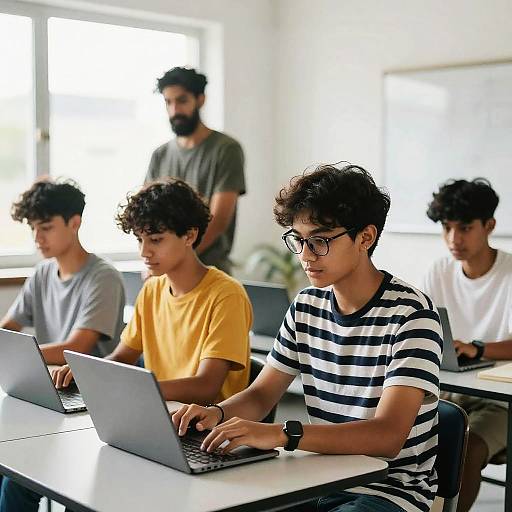 Diverse Students Collaborating in Bright Classroom